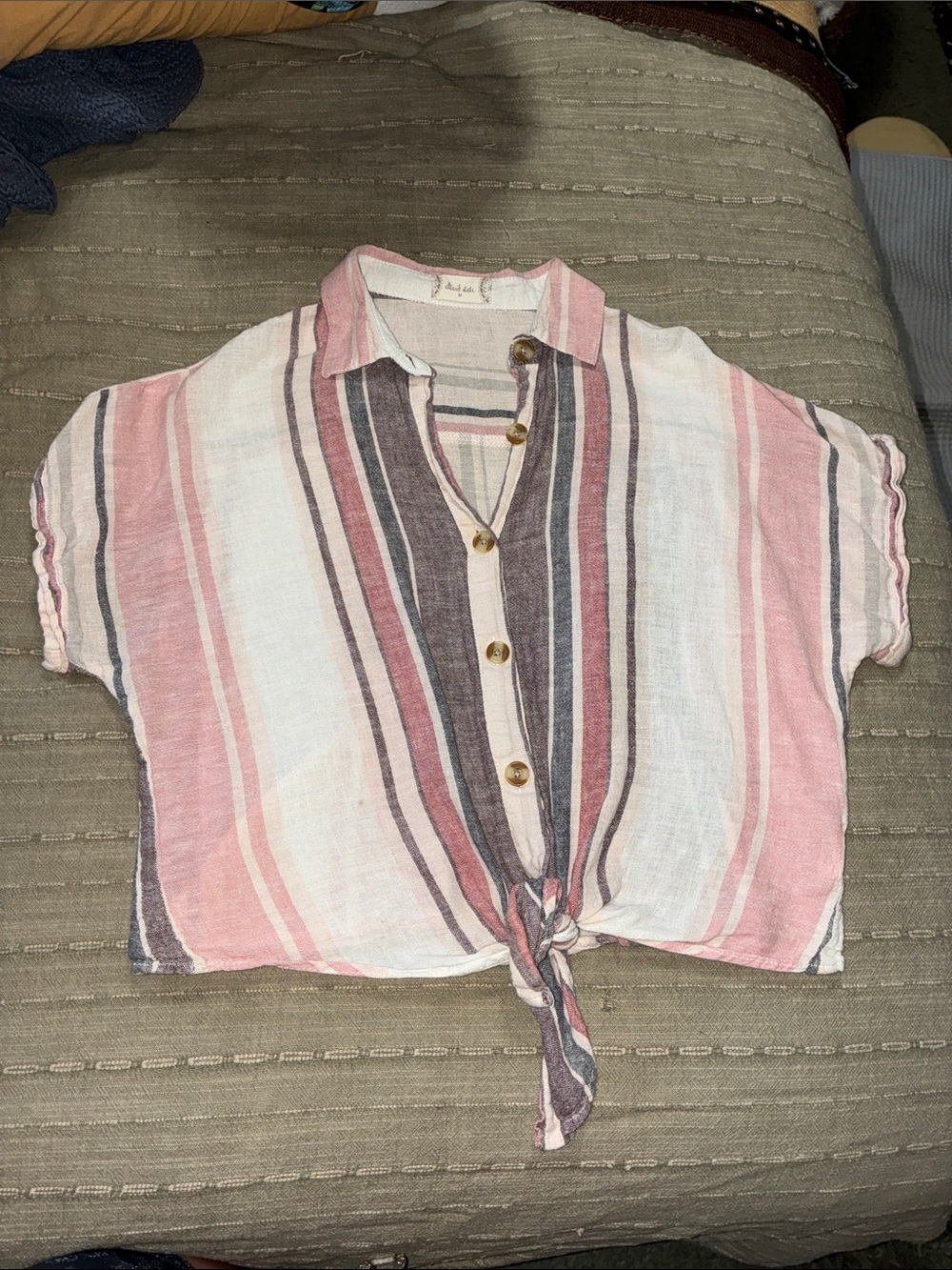 Altar'd State Pink White Gray Striped Tie-Front Button Crop Top
